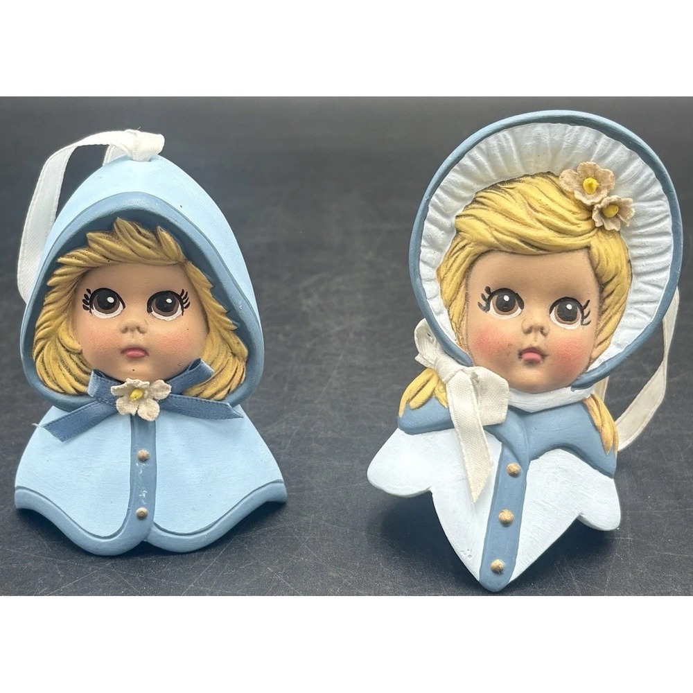 2 Vtg Ceramic Christmas Ornaments Handmade Bisque LITTLE GIRL YOUNG LADY